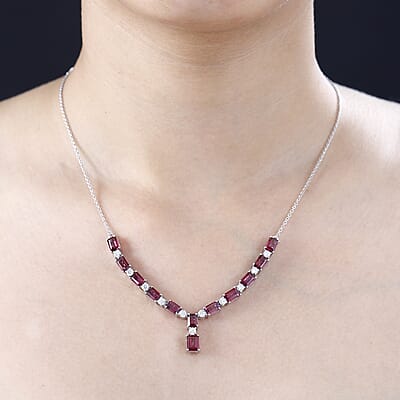 D'Joy Tanzanian Wine Garnet and Moissanite Necklace 18-20 Inches in Platinum Over Sterling Silver 10.80 ctw