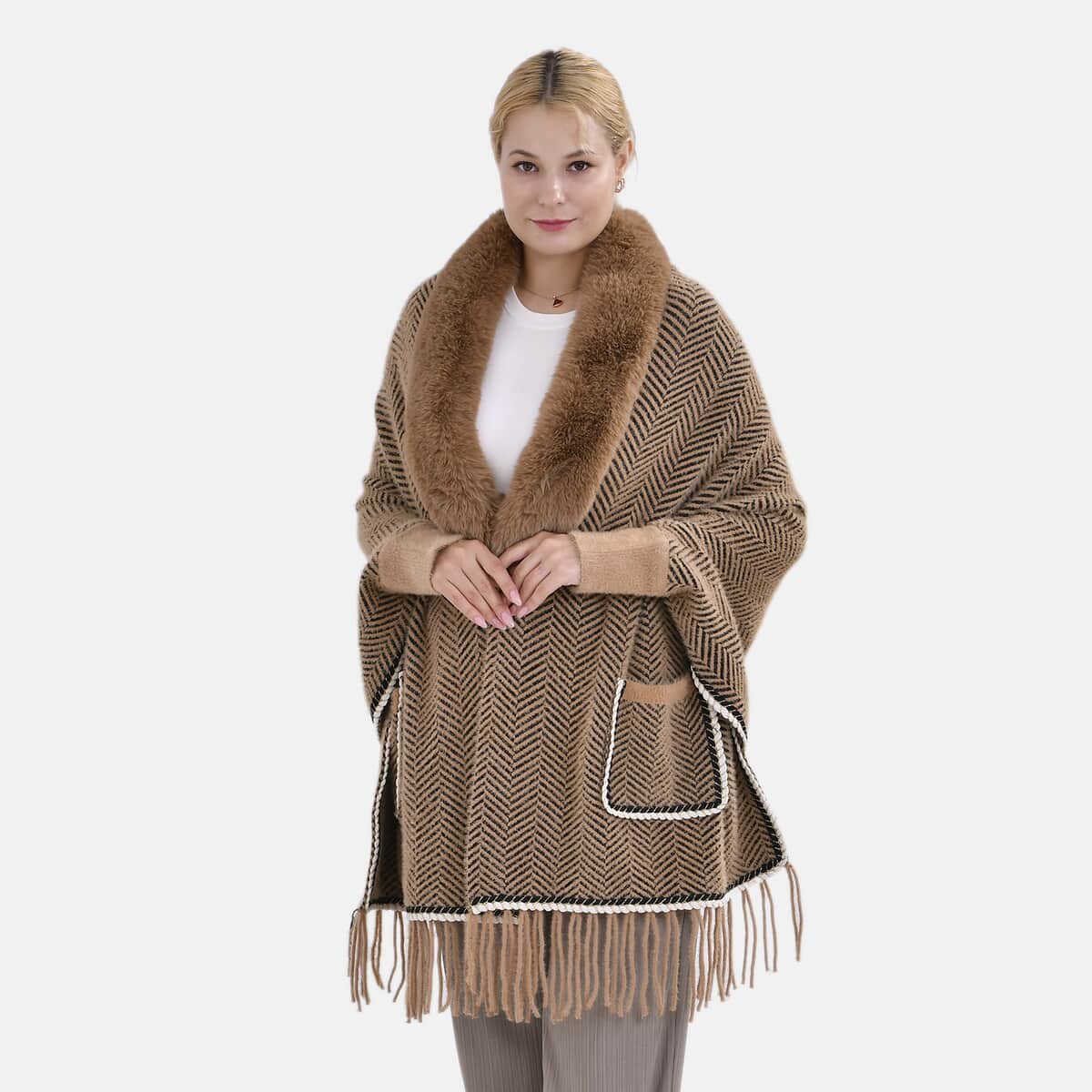 Khaki Faux Fur Cape with Tassel - One Size Fits Most image number 0