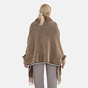 Brown Chevron Faux Fur Ruana with Rope Trim, Fringe and Pockets - One Size Fits Most