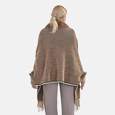 Brown Chevron Faux Fur Ruana with Rope Trim, Fringe and Pockets - One Size Fits Most