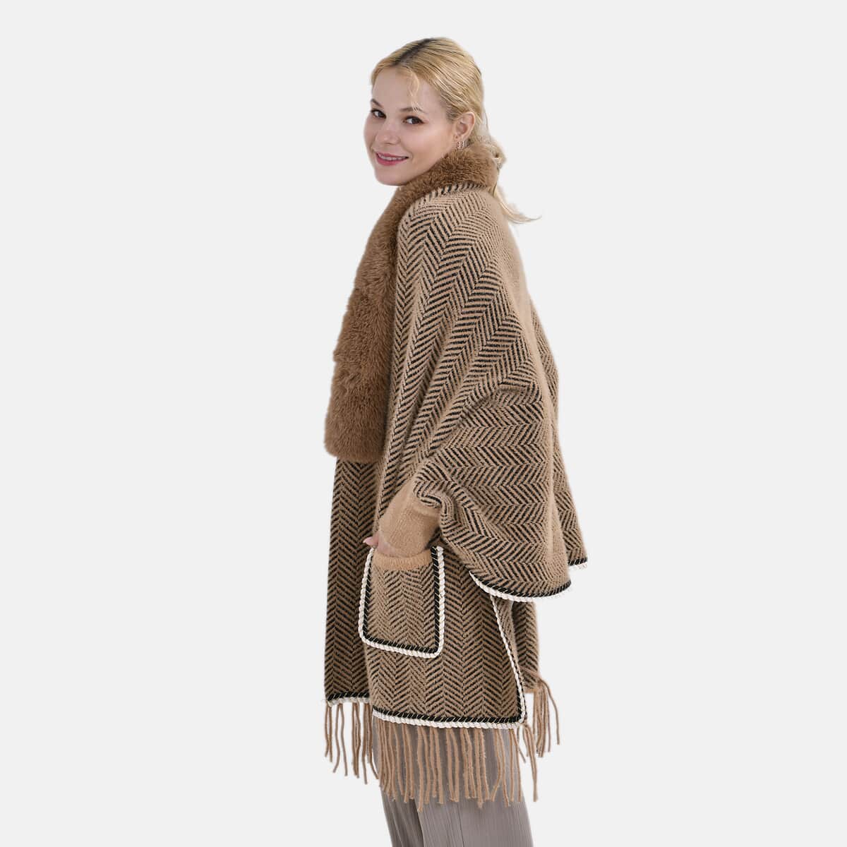 Brown Chevron Faux Fur Ruana with Rope Trim, Fringe and Pockets - One Size Fits Most image number 2