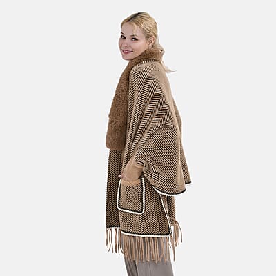 Brown Chevron Faux Fur Ruana with Rope Trim, Fringe and Pockets - One Size Fits Most