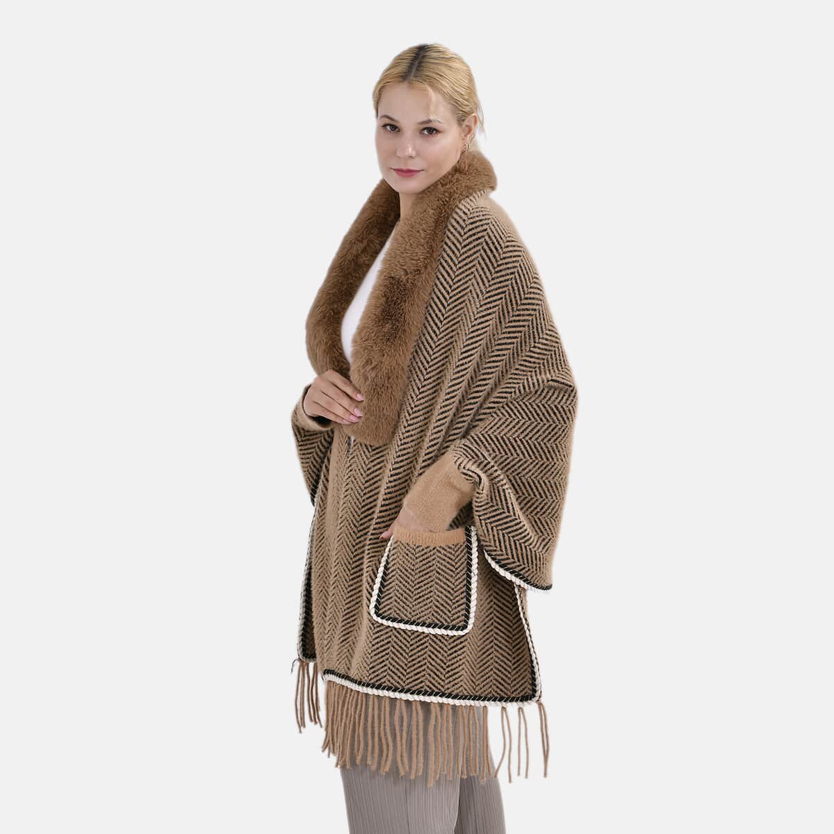 Khaki Faux Fur Cape with Tassel - One Size Fits Most image number 3