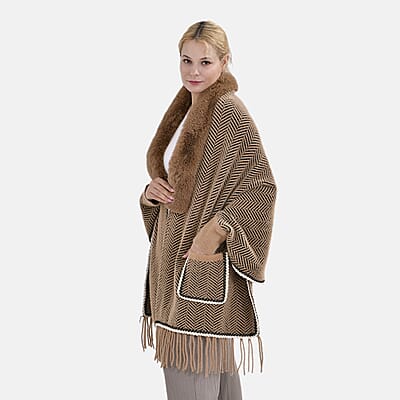 Brown Chevron Faux Fur Ruana with Rope Trim, Fringe and Pockets - One Size Fits Most