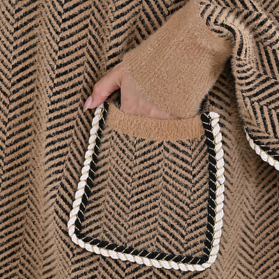 Brown Chevron Faux Fur Ruana with Rope Trim, Fringe and Pockets - One Size Fits Most