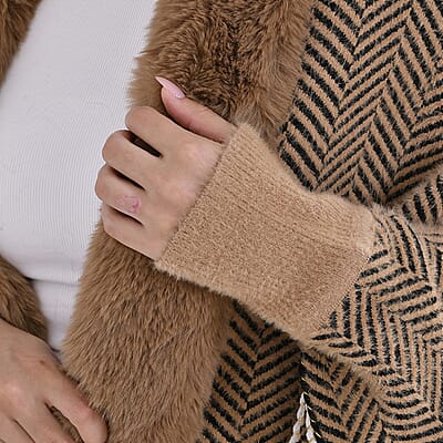 Brown Chevron Faux Fur Ruana with Rope Trim, Fringe and Pockets - One Size Fits Most