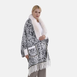 White Abstract Faux Fur Ruana with Rope Trim, Fringe and Pockets - One Size Fits Most