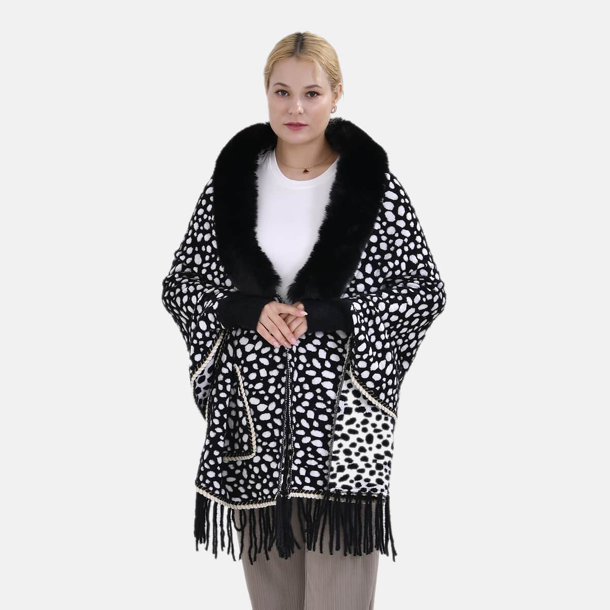 Black Leopard Abstract Faux Fur Ruana with Rope Trim, Fringe and Pockets - One Size Fits Most image number 0