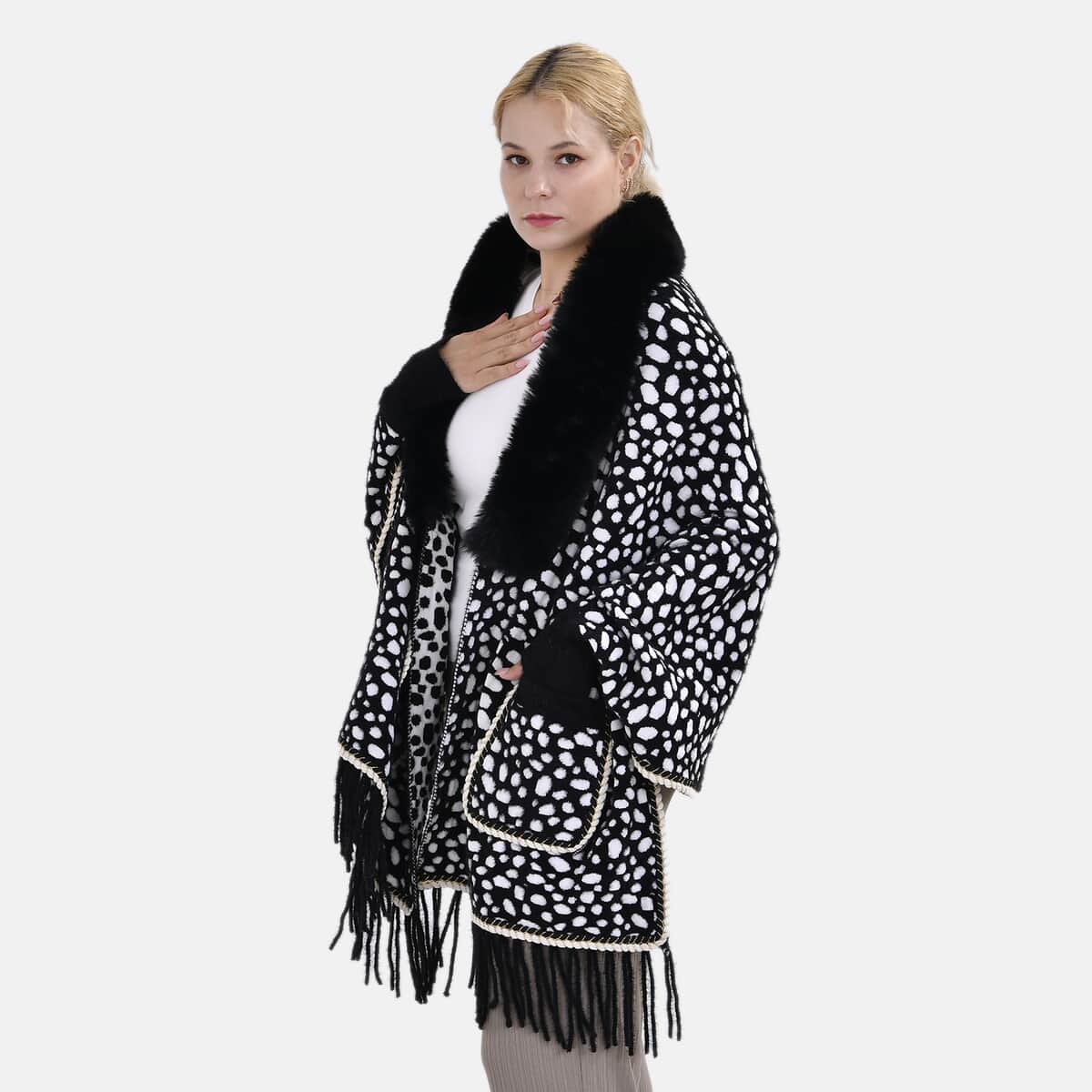 Black Leopard Abstract Faux Fur Ruana with Rope Trim, Fringe and Pockets - One Size Fits Most image number 2