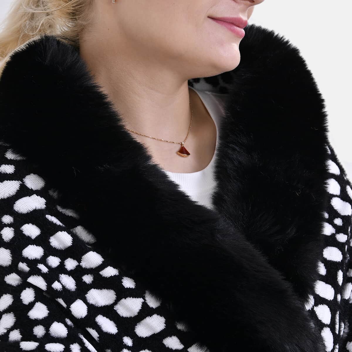 Black Leopard Abstract Faux Fur Ruana with Rope Trim, Fringe and Pockets - One Size Fits Most image number 6