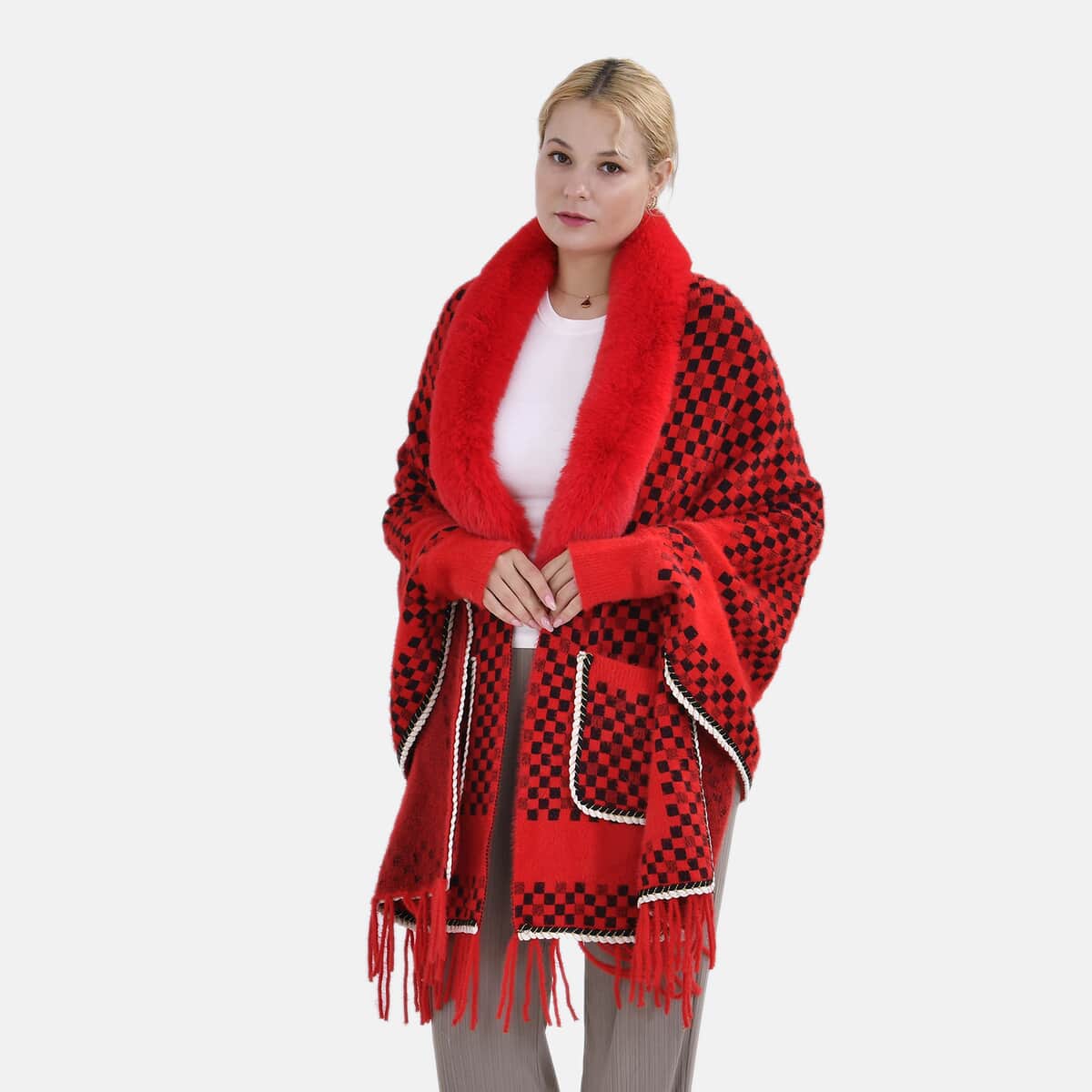 Red Checker Abstract Faux Fur Ruana with Rope Trim, Fringe and Pockets - One Size Fits Most image number 0