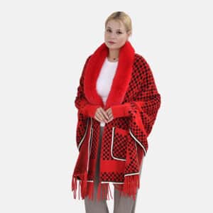 Red Checker Abstract Faux Fur Ruana with Rope Trim, Fringe and Pockets - One Size Fits Most