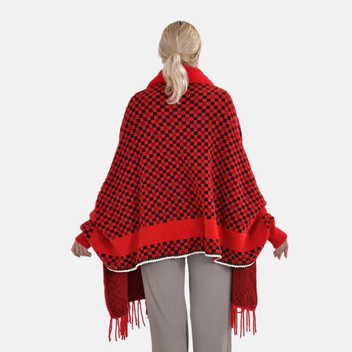 Red Checker Abstract Faux Fur Ruana with Rope Trim, Fringe and Pockets - One Size Fits Most image number 1