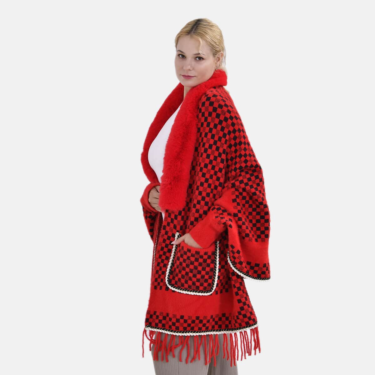 Red Checker Abstract Faux Fur Ruana with Rope Trim, Fringe and Pockets - One Size Fits Most image number 2