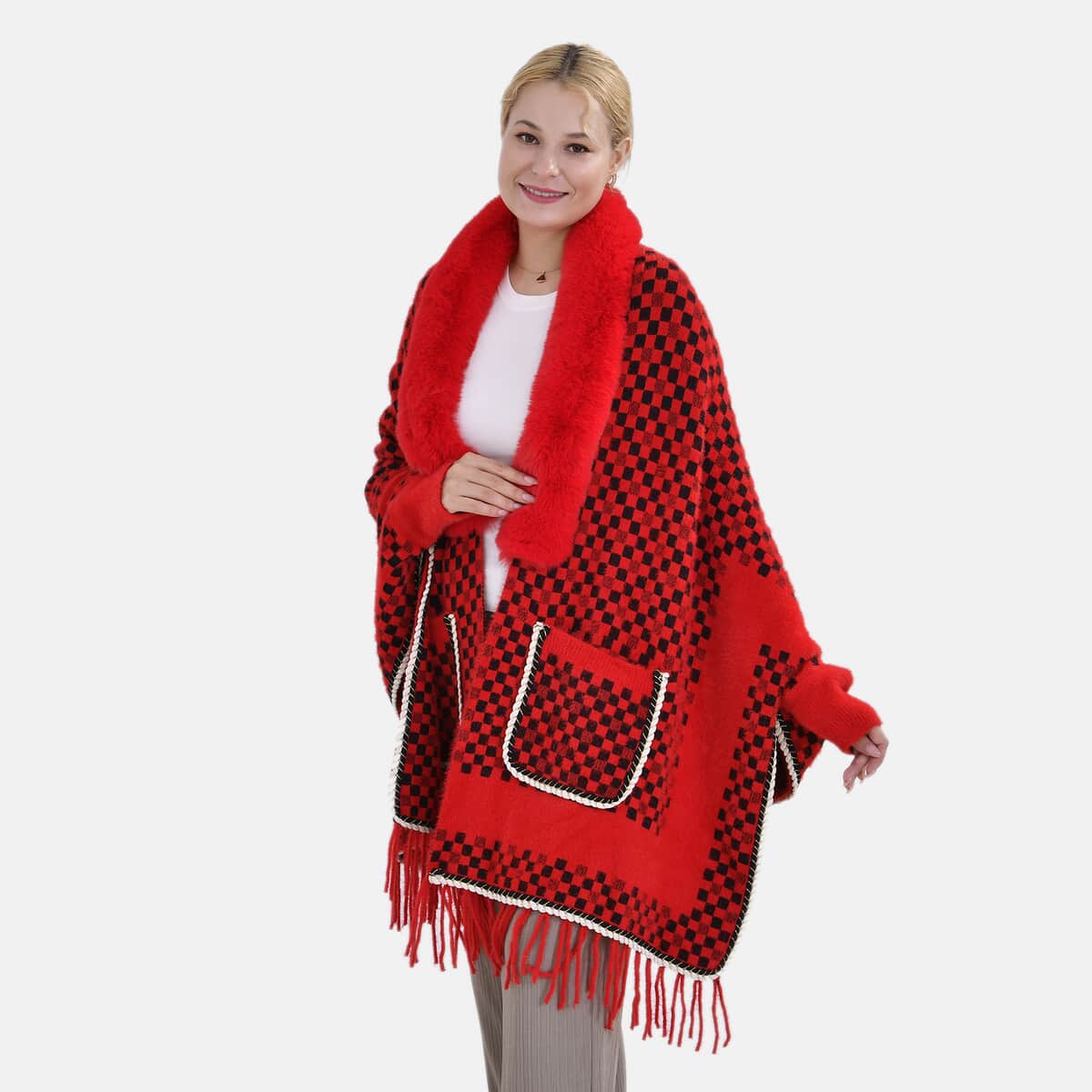 Red Checker Abstract Faux Fur Ruana with Rope Trim, Fringe and Pockets - One Size Fits Most image number 3