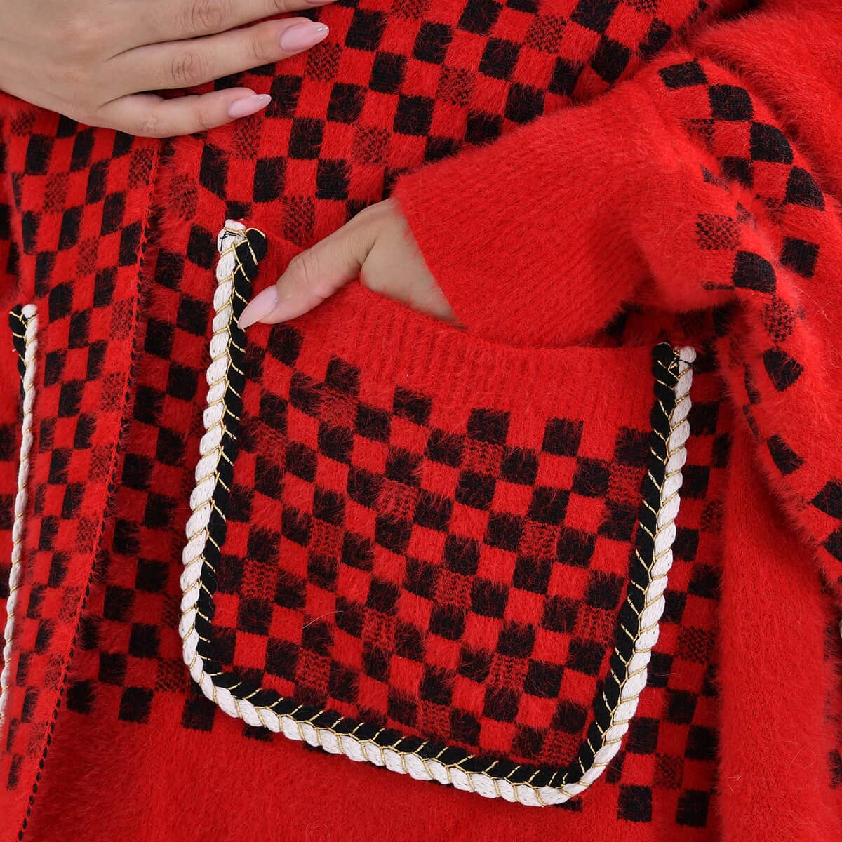 Red Checker Abstract Faux Fur Ruana with Rope Trim, Fringe and Pockets - One Size Fits Most image number 4