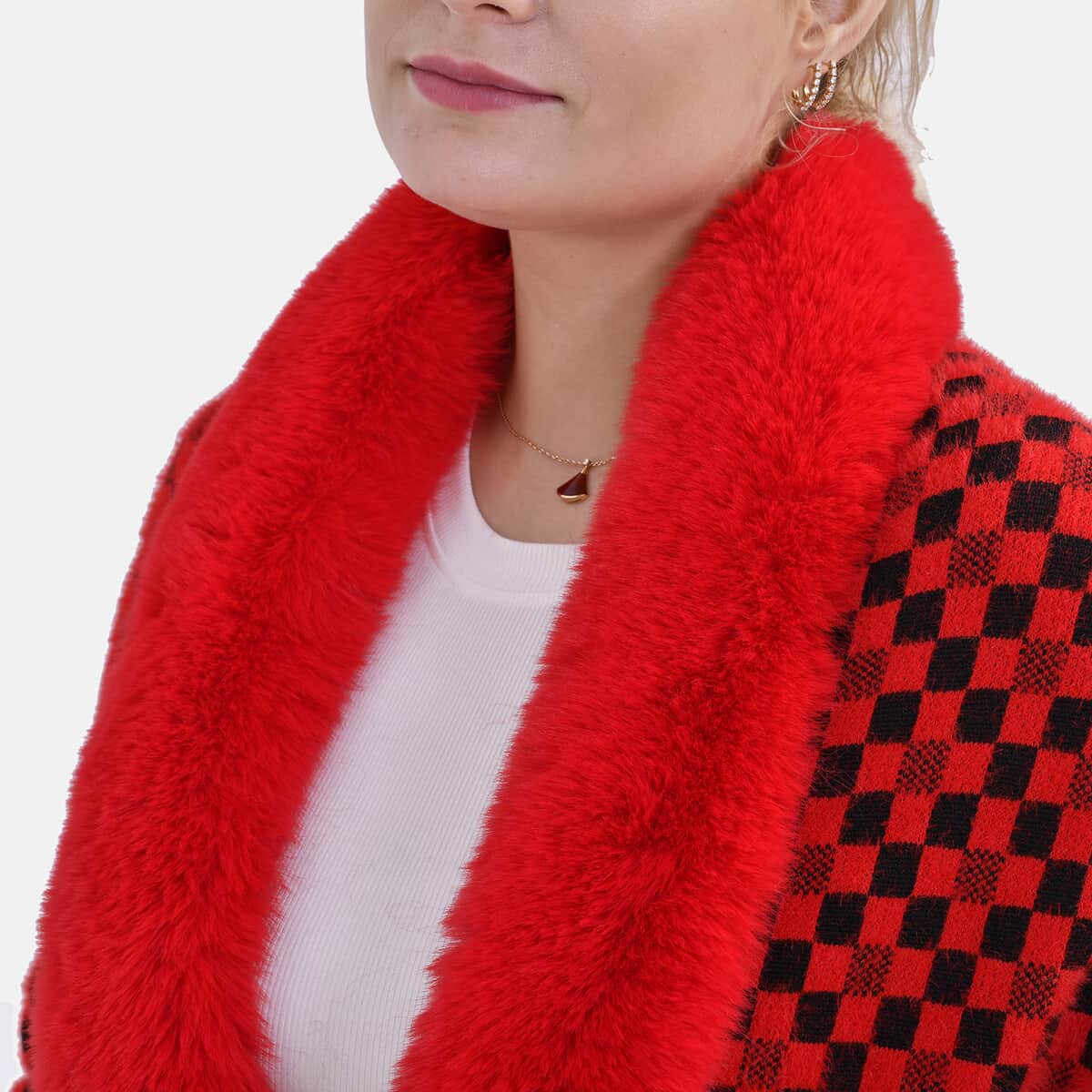 Red Checker Abstract Faux Fur Ruana with Rope Trim, Fringe and Pockets - One Size Fits Most image number 6