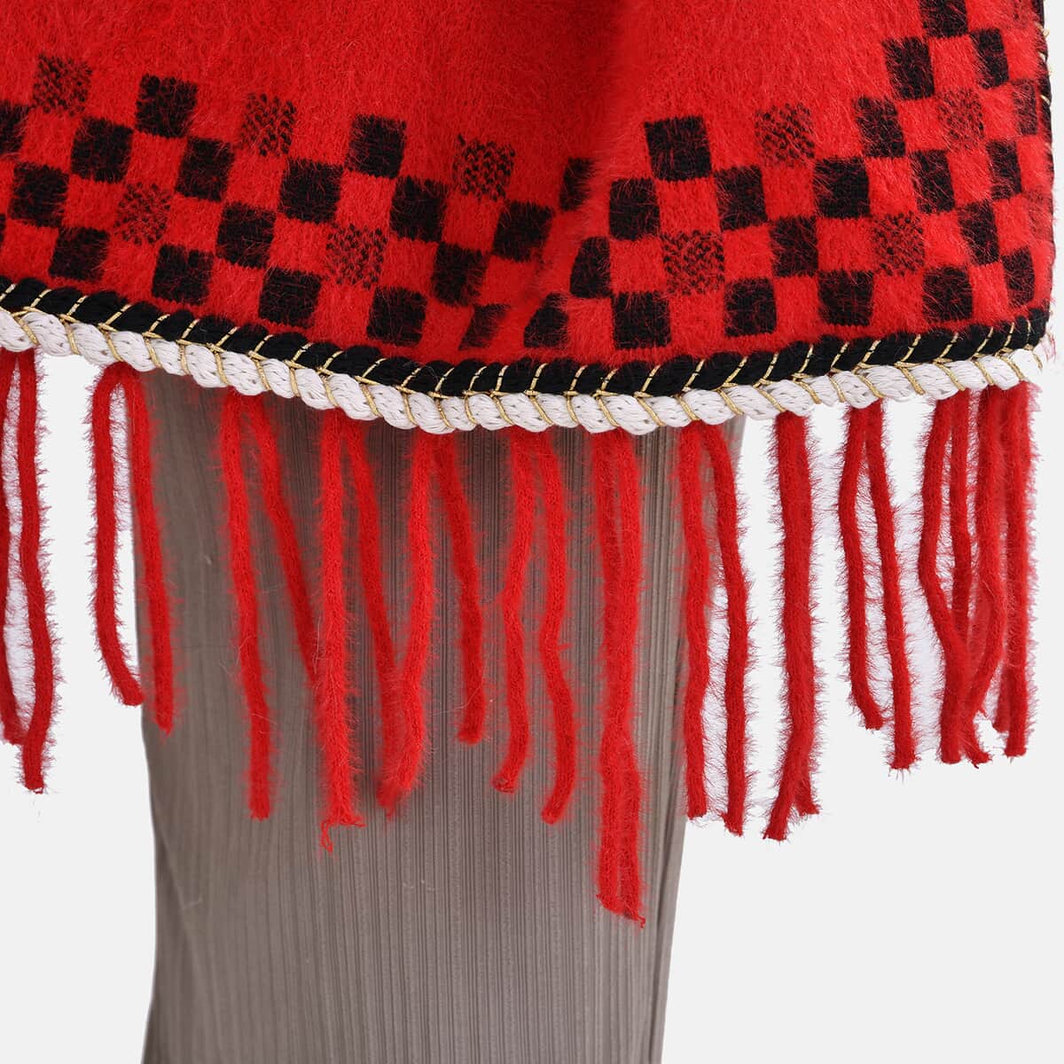 Red Checker Abstract Faux Fur Ruana with Rope Trim, Fringe and Pockets - One Size Fits Most image number 7