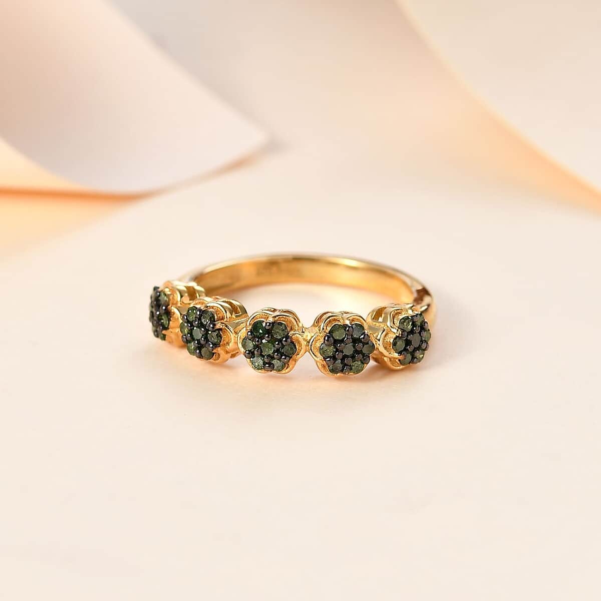 Green Diamond Floral Ring in Vermeil Yellow Gold Over Sterling Silver (Size 6.0) 0.33 ctw image number 1