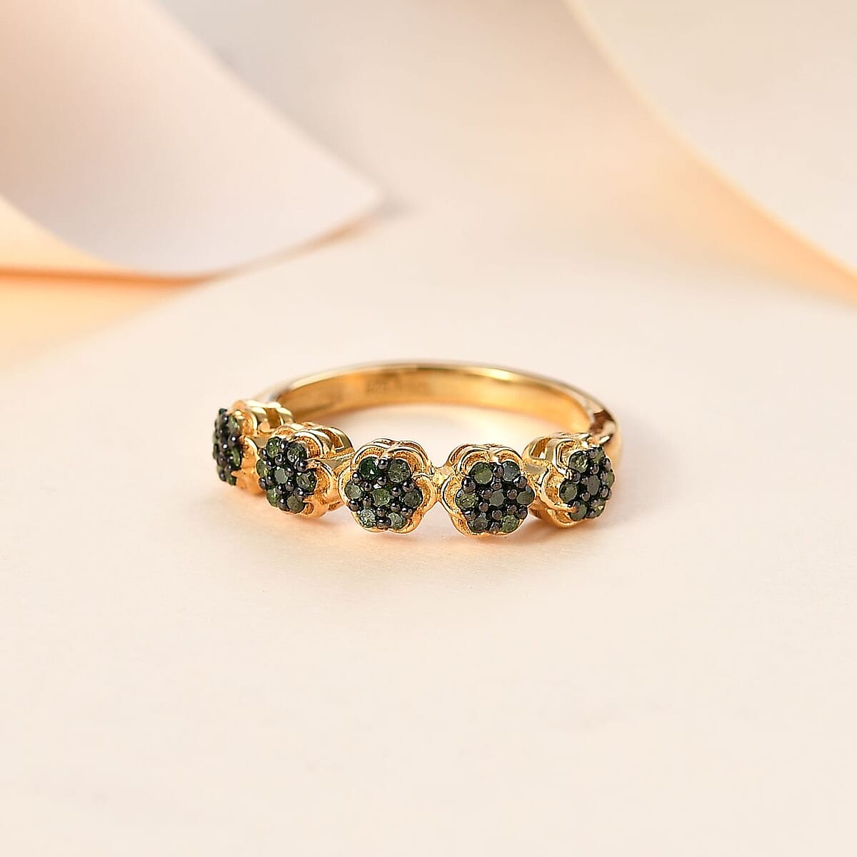 Green Diamond Floral Ring in Vermeil Yellow Gold Over Sterling Silver (Size 7.0) 0.33 ctw image number 1