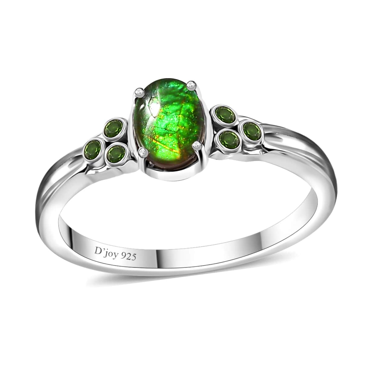 Canadian Ammolite (Ovl 7x5mm), Chrome Diopside Ring in Platinum Over Sterling Silver (Size 10.0) 0.07 ctw image number 0