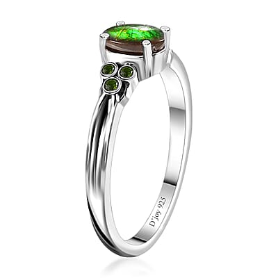 Canadian Ammolite and Chrome Diopside Ring in Platinum Over Sterling Silver (Size 10.0) 0.07 ctw