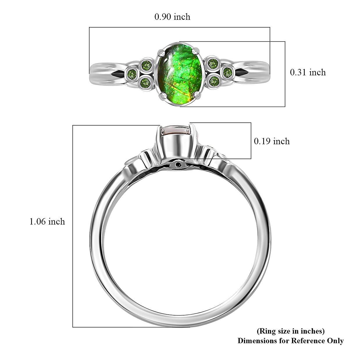 Canadian Ammolite and Chrome Diopside Ring in Platinum Over Sterling Silver (Size 10.0) 0.07 ctw