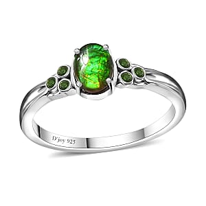 Canadian Ammolite and Chrome Diopside Ring in Platinum Over Sterling Silver (Size 7.0) 0.07 ctw