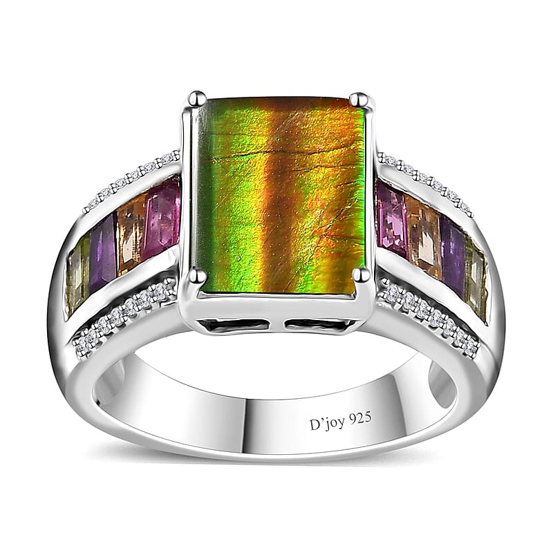 Canadian Ammolite and Multi Gemstone Ring in Platinum Over Sterling Silver (Size 6.0) 1.20 ctw
