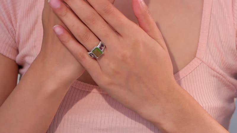 Canadian Ammolite (Rect 10x8mm), Multi Gemstone Ring in Platinum Over Sterling Silver (Size 6.0) 1.20 ctw