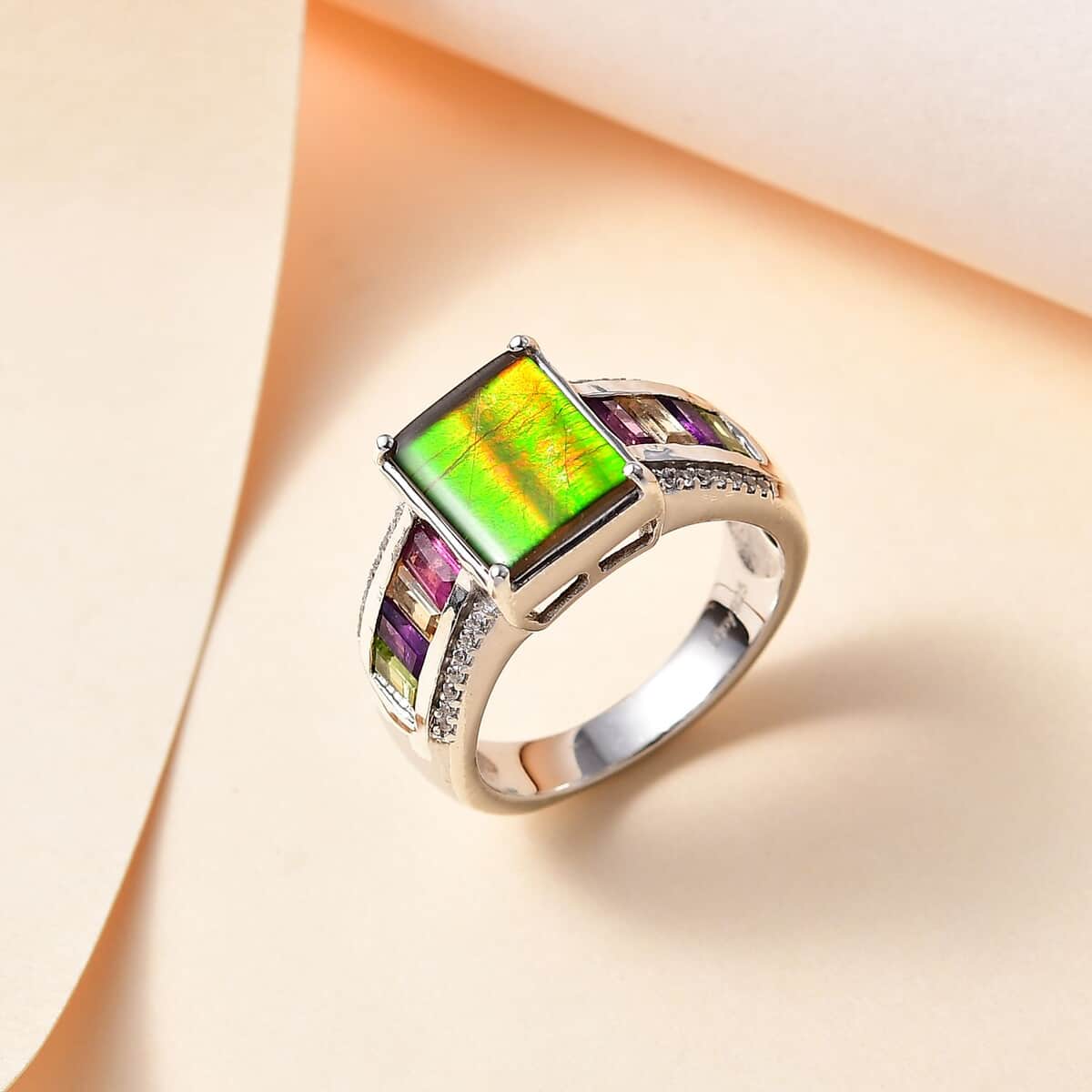 Canadian Ammolite and Multi Gemstone Ring in Platinum Over Sterling Silver (Size 6.0) 1.20 ctw image number 1