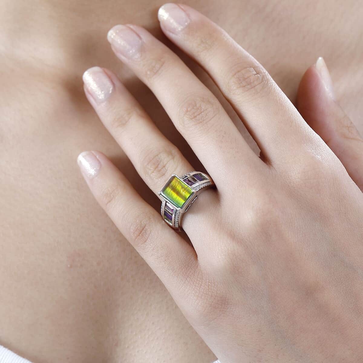 Canadian Ammolite (Rect 10x8mm), Multi Gemstone Ring in Platinum Over Sterling Silver (Size 6.0) 1.20 ctw image number 2