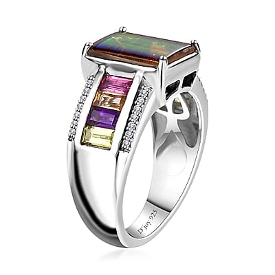 Canadian Ammolite and Multi Gemstone Ring in Platinum Over Sterling Silver (Size 6.0) 1.20 ctw