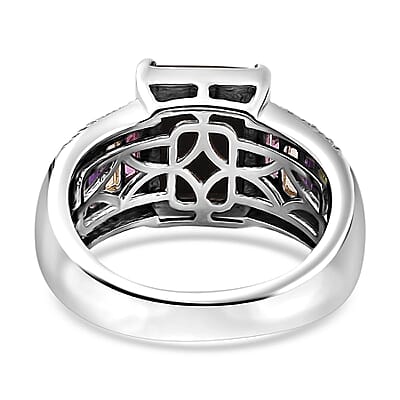 Canadian Ammolite and Multi Gemstone Ring in Platinum Over Sterling Silver (Size 6.0) 1.20 ctw