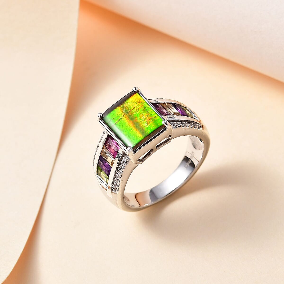 D'Joy Canadian Ammolite and Multi Gemstone Ring in Platinum Over Sterling Silver (Size 7.0) 1.20 ctw image number 1