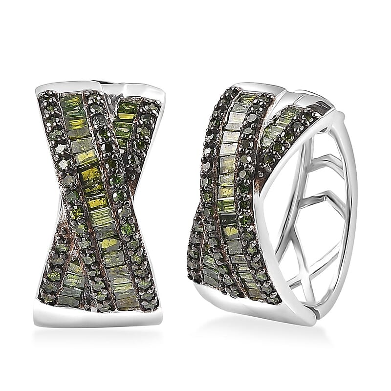 Green Diamond Hoop Earrings in Rhodium Over Sterling Silver 1.00 ctw