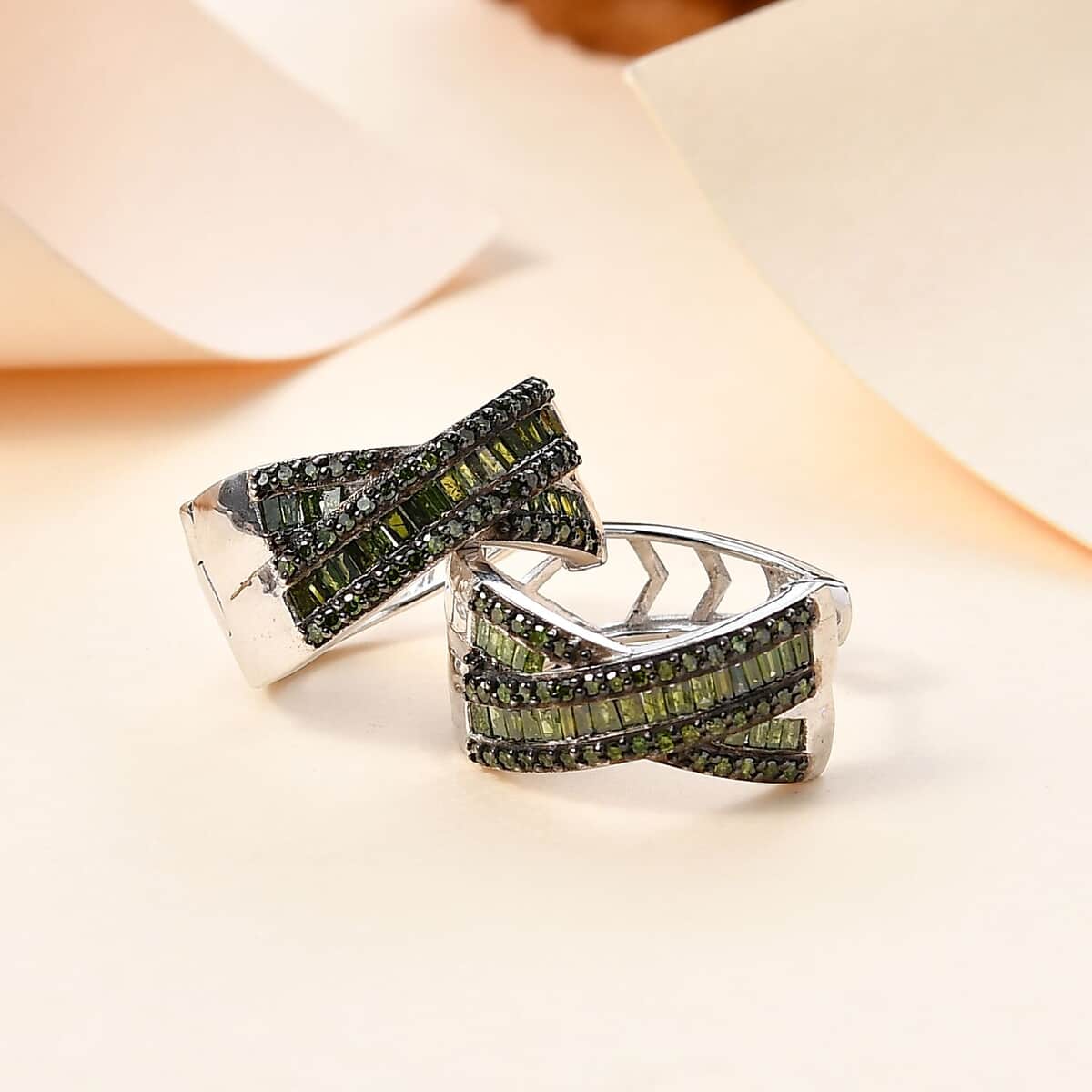 Green Diamond Hoop Earrings in Rhodium Over Sterling Silver 1.00 ctw image number 1