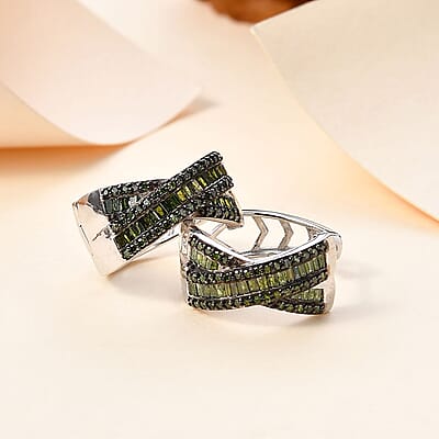 Green Diamond Hoop Earrings in Rhodium Over Sterling Silver 1.00 ctw