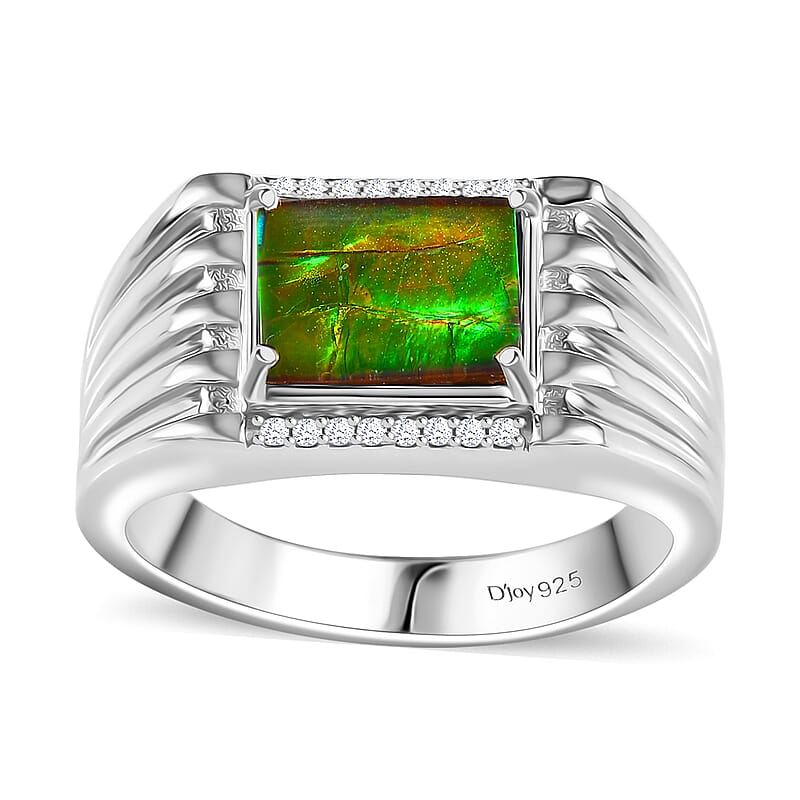 Canadian Ammolite and White Zircon Men's Ring in Platinum Over Sterling Silver (Size 10.0) 0.15 ctw