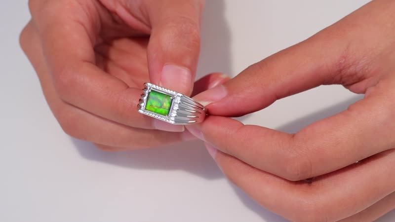 Canadian Ammolite, White Zircon Men's Ring in Platinum Over Sterling Silver (Size 12.0) 0.15 ctw