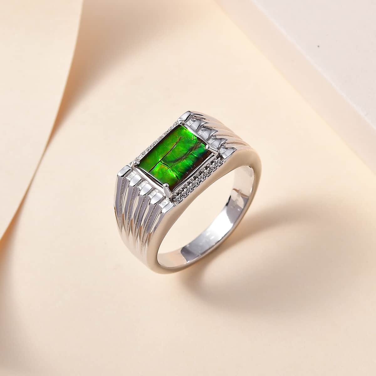 Canadian Ammolite, White Zircon Men's Ring in Platinum Over Sterling Silver (Size 12.0) 0.15 ctw image number 1