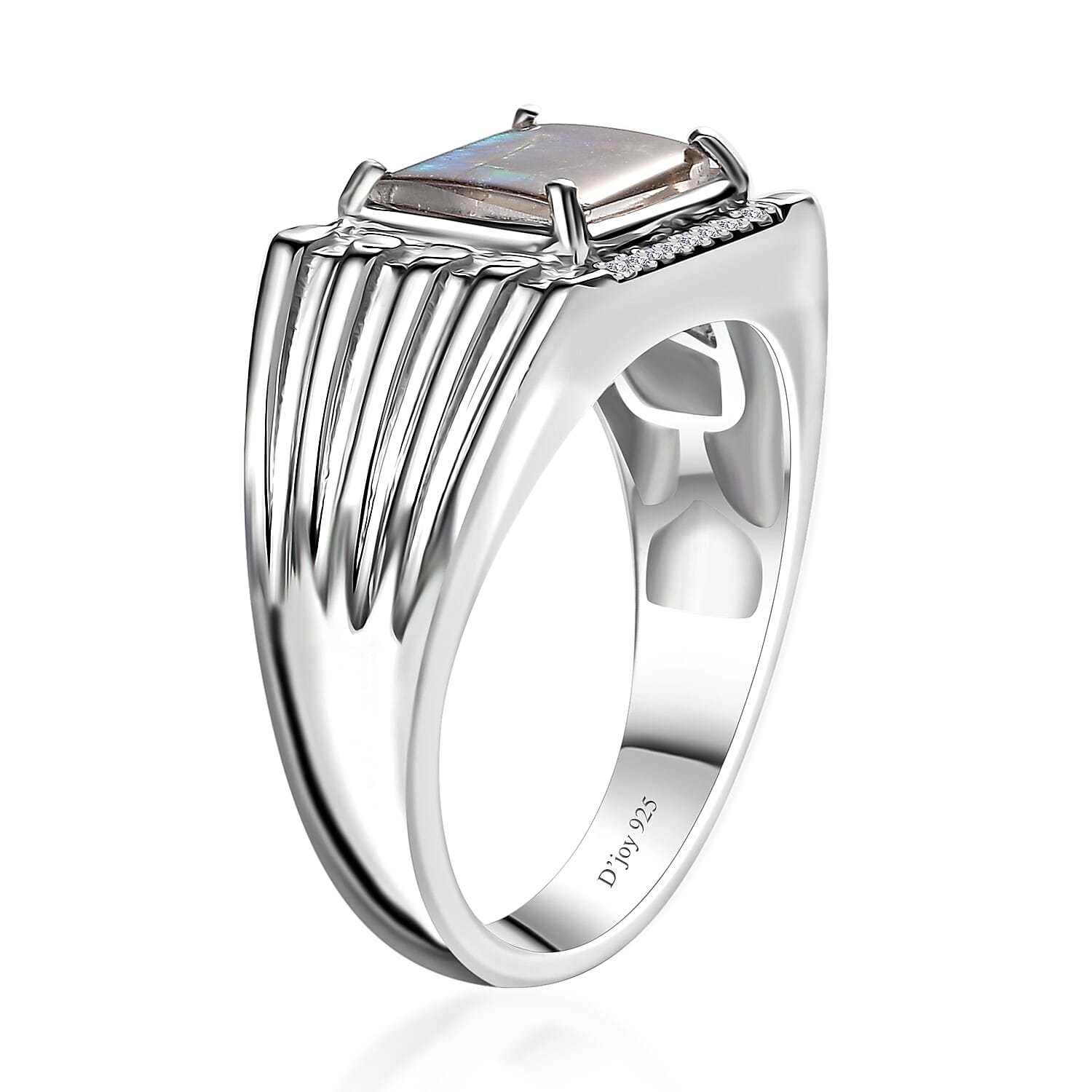 Canadian Ammolite and White Zircon Men's Ring in Platinum Over Sterling Silver (Size 10.0) 0.15 ctw
