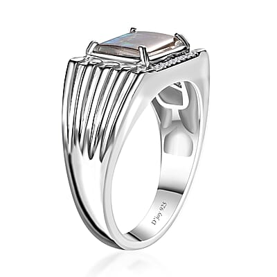 Canadian Ammolite and White Zircon Men's Ring in Platinum Over Sterling Silver (Size 10.0) 0.15 ctw