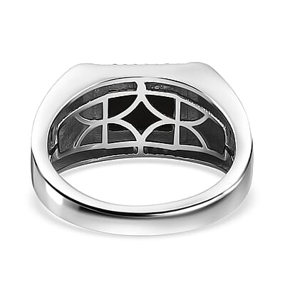 Canadian Ammolite and White Zircon Men's Ring in Platinum Over Sterling Silver (Size 10.0) 0.15 ctw