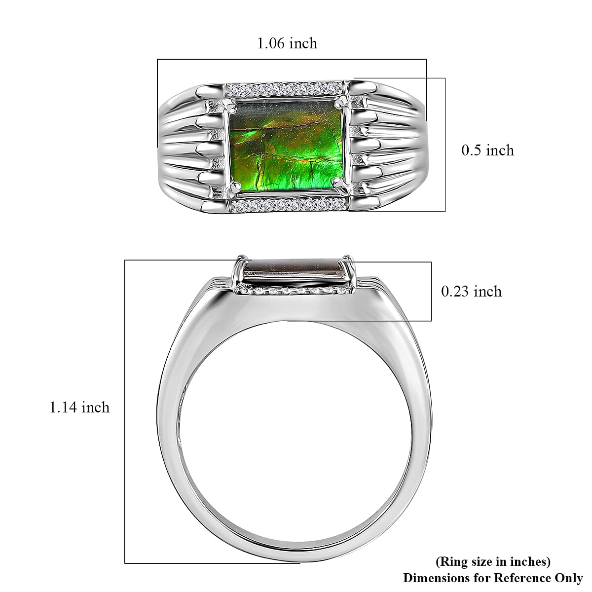 Canadian Ammolite and White Zircon Men's Ring in Platinum Over Sterling Silver (Size 10.0) 0.15 ctw