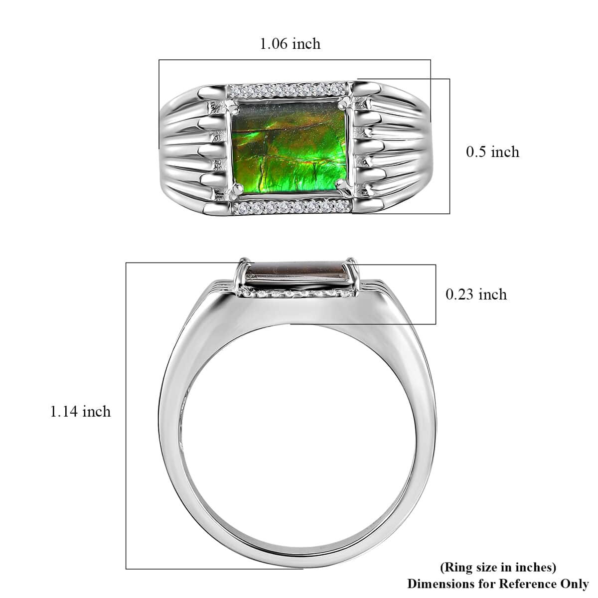 Canadian Ammolite, White Zircon Men's Ring in Platinum Over Sterling Silver (Size 12.0) 0.15 ctw image number 5