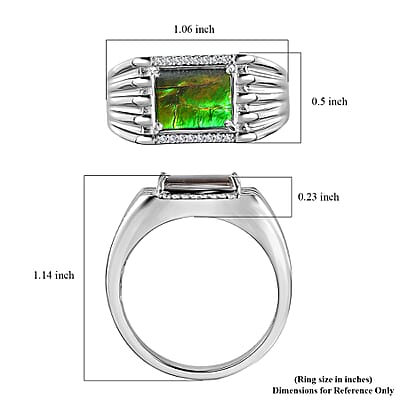Canadian Ammolite and White Zircon Men's Ring in Platinum Over Sterling Silver (Size 10.0) 0.15 ctw