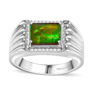 Canadian Ammolite and White Zircon Men's Ring in Platinum Over Sterling Silver (Size 12.0) 0.15 ctw