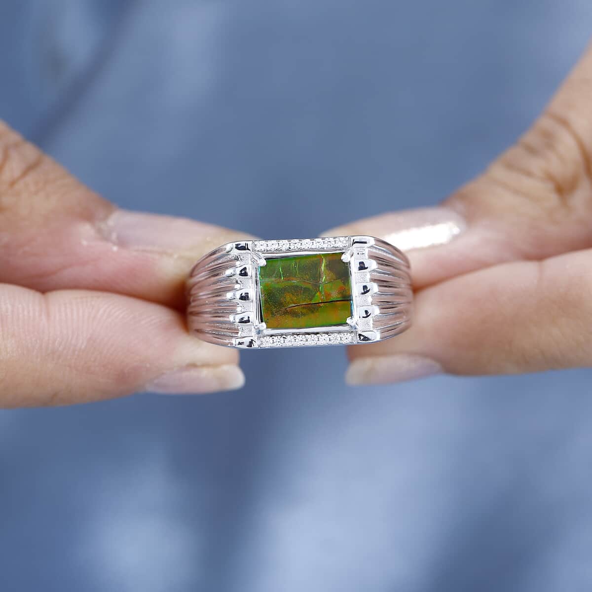 Canadian Ammolite and White Zircon Men's Ring in Platinum Over Sterling Silver (Size 12.0) 0.15 ctw image number 2