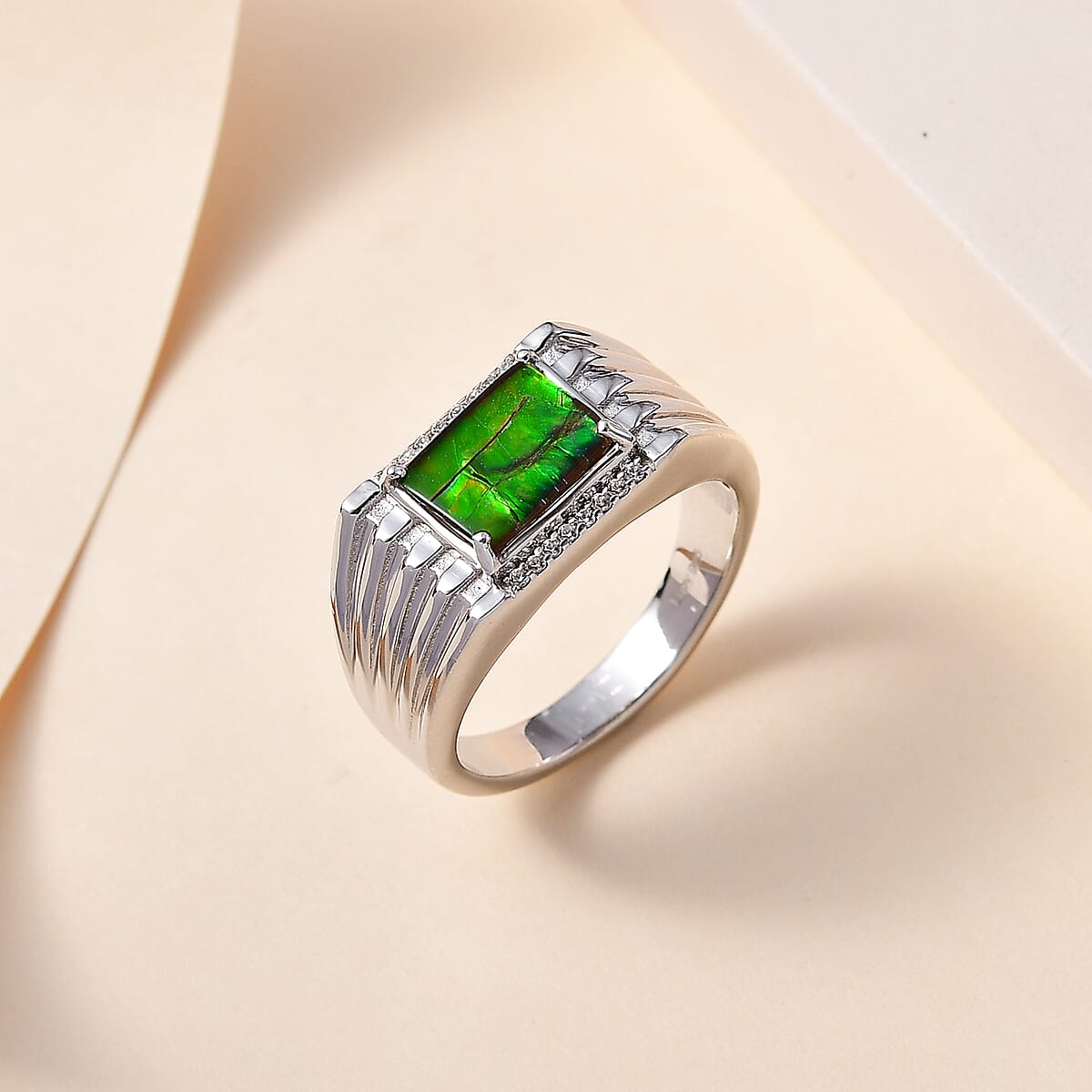 Canadian Ammolite and White Zircon Men's Ring in Platinum Over Sterling Silver (Size 13.0) 0.15 ctw image number 1